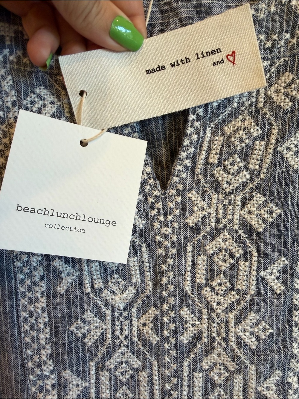 BEACH LUNCH LOUNGE Chambray & White Embroidered Linen Cotton Blend Long Tunic - Picture 3 of 8